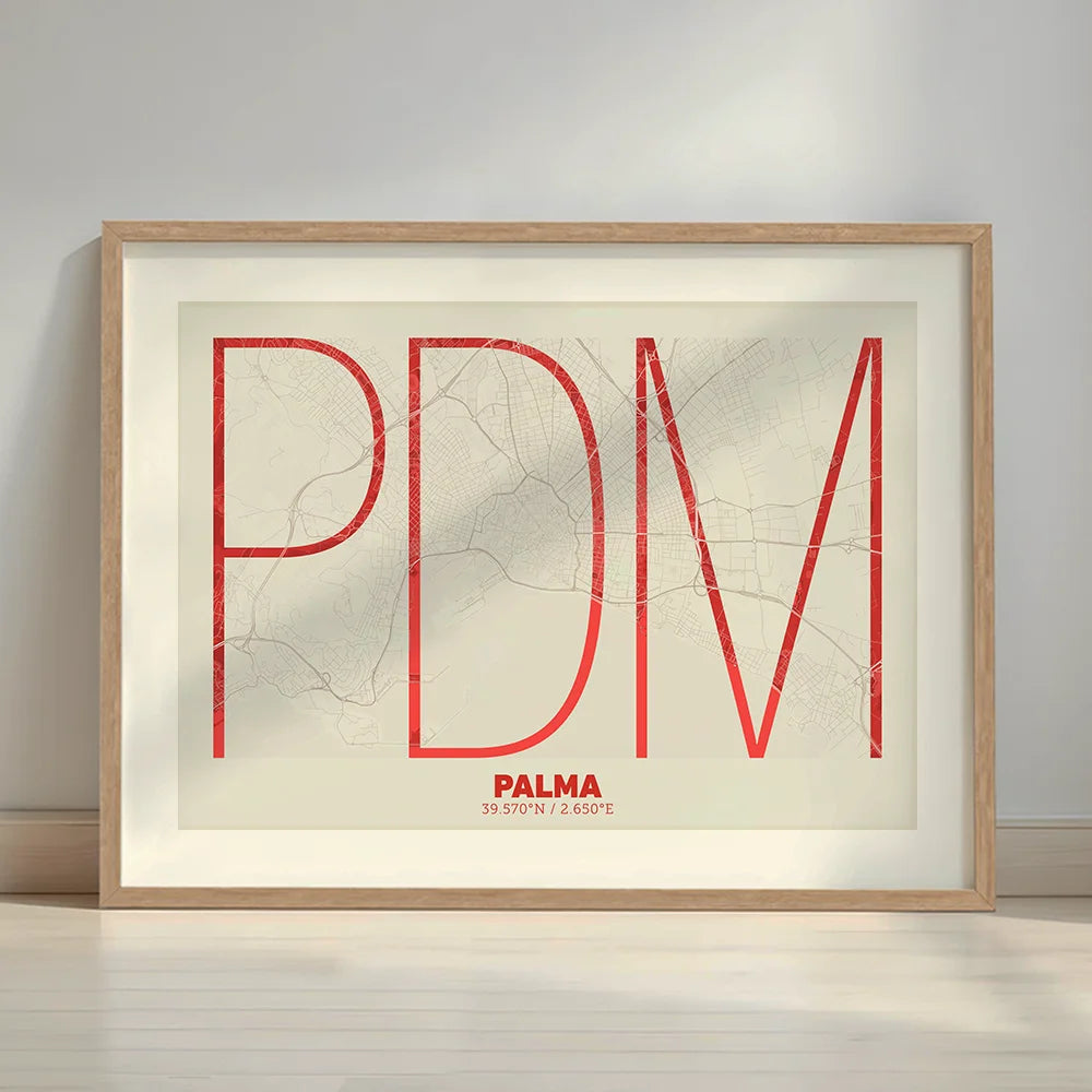 Framed Palma in Ultralight design, a minimalist aesthetic combining urban cartography with modern, extra-thin elegant lettering designed in red and an off-white background with a white margin border in a warm lit minimalist setting