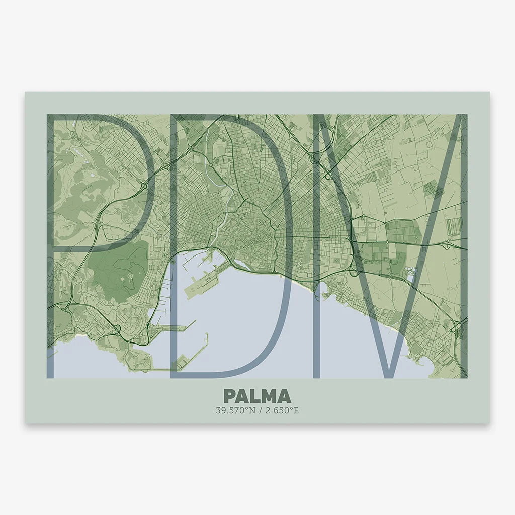 Poster of Palma composed with letters in extra light font printed on two green tones