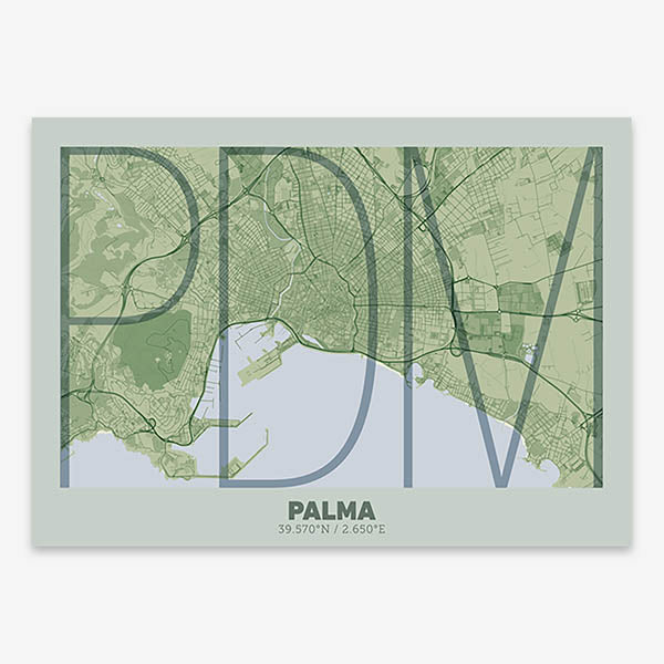 Poster of Palma composed with letters in extra light font printed on two green tones