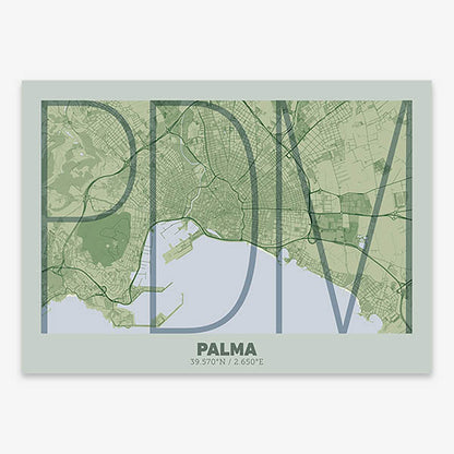 Poster of Palma composed with letters in extra light font printed on two green tones