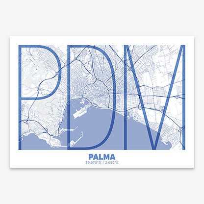 Poster of Palma composed with letters in extra light font printed on navy blue and white