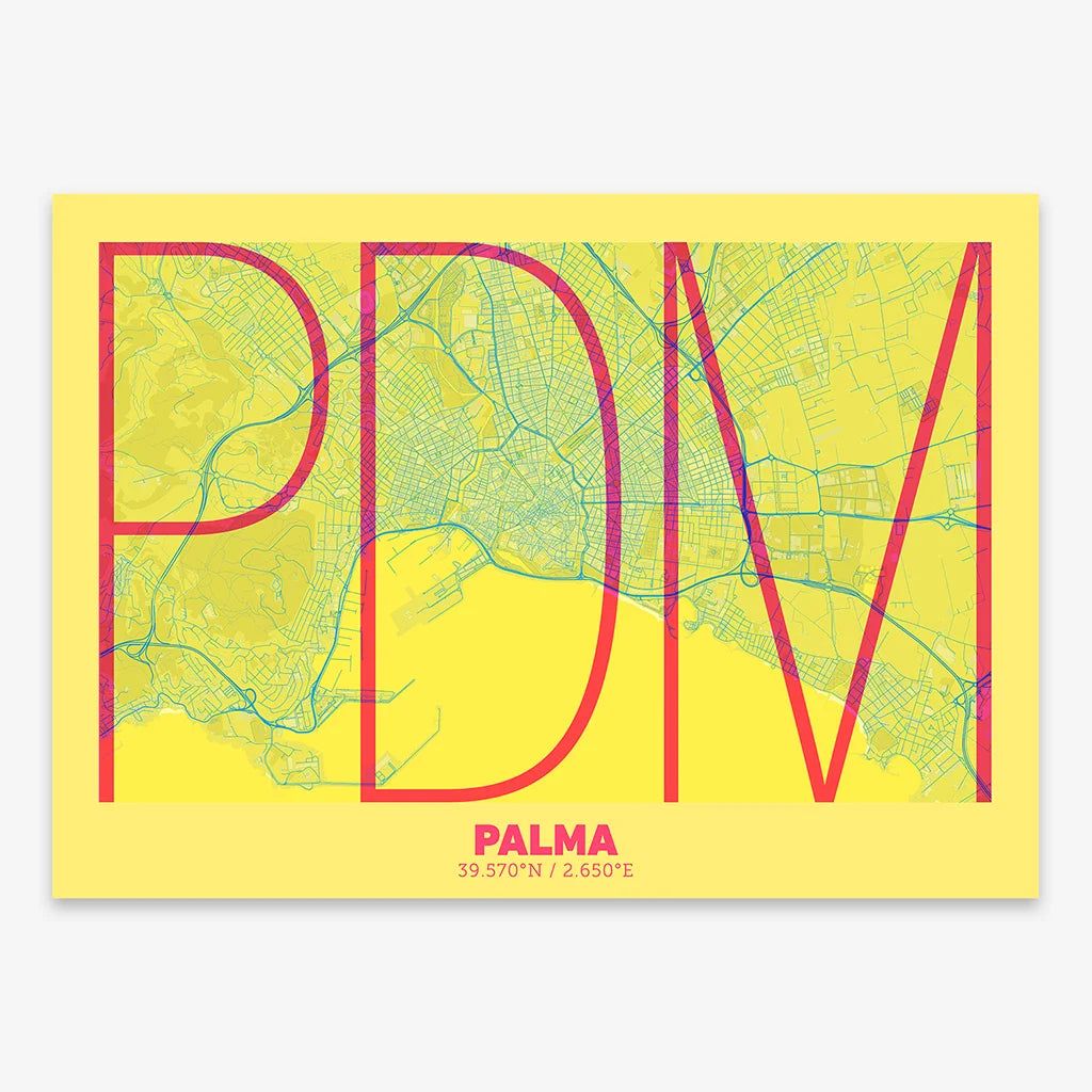 Poster of Palma composed with letters in extra light font printed on yellow and fuchsia