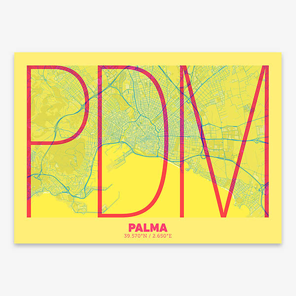 Poster of Palma composed with letters in extra light font printed on yellow and fuchsia