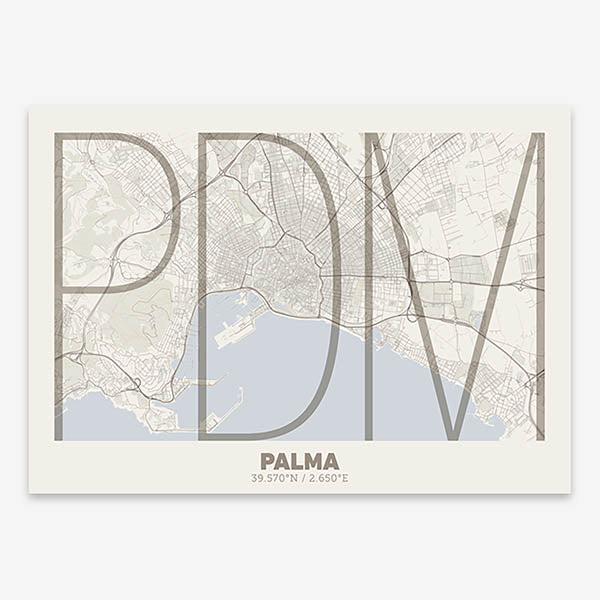 Poster of Palma composed with letters in extra light font printed on light brown and an off-white background