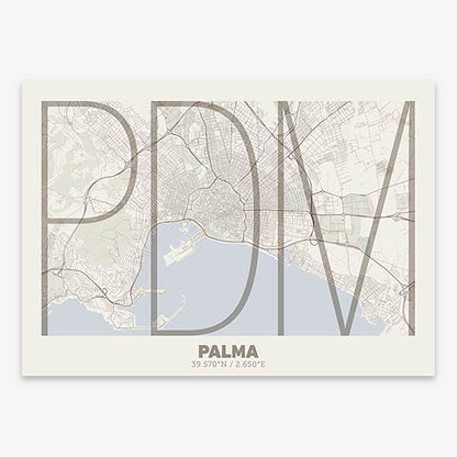 Poster of Palma composed with letters in extra light font printed on light brown and an off-white background