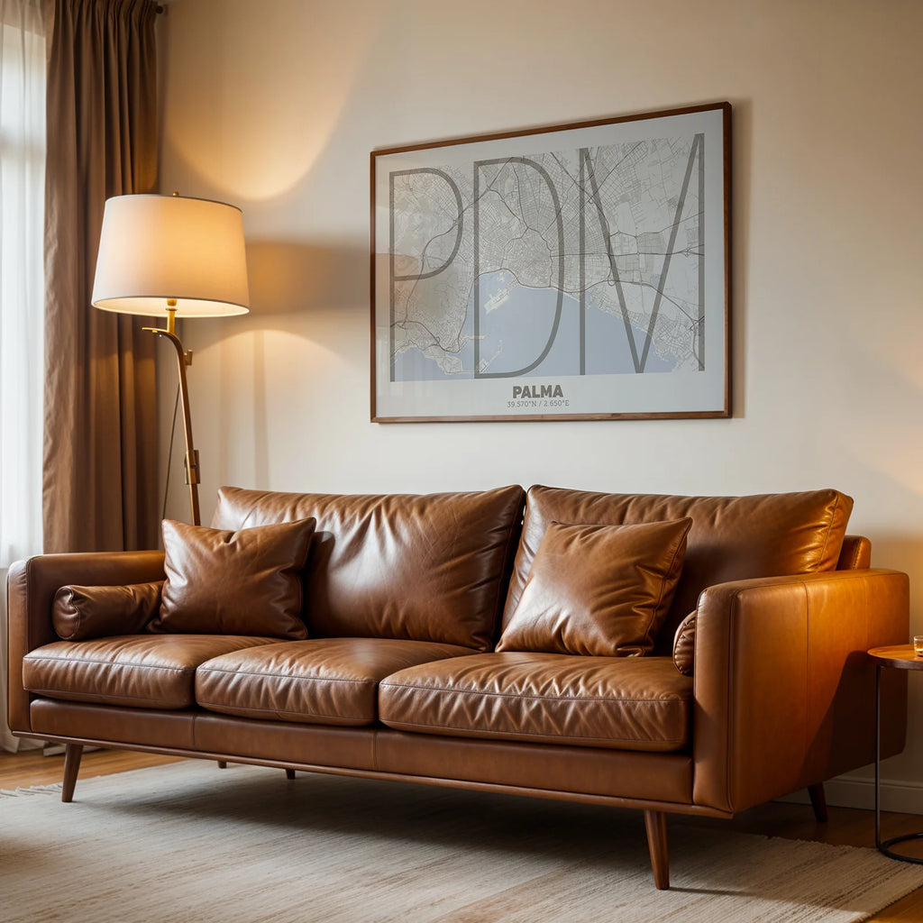 Modern interior design with a Palma in Ultralight design, a minimalist aesthetic combining urban cartography with modern, extra-thin elegant lettering designed in light brown and an off-white background, displayed on a living room wall