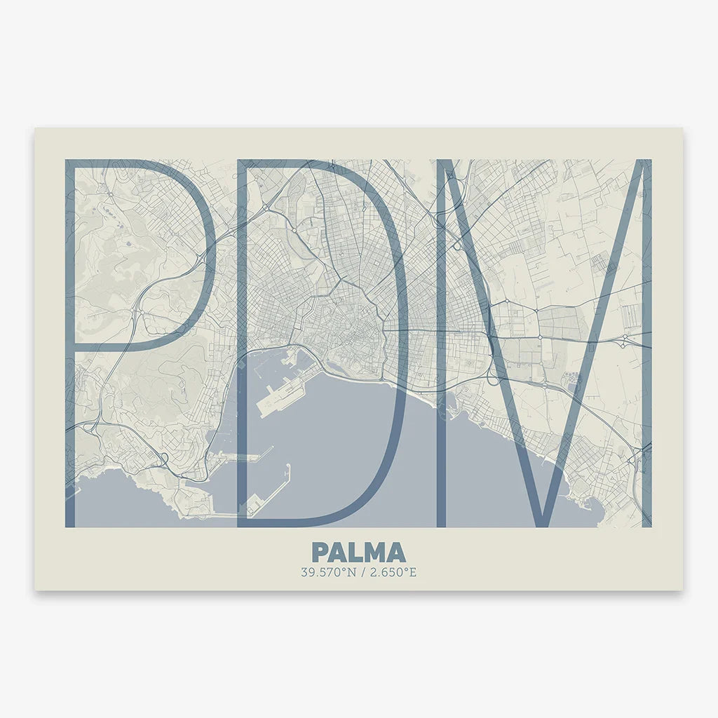 Poster of Palma composed with letters in extra light font printed on bluish gray and an off-white background