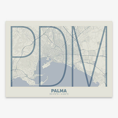 Poster of Palma composed with letters in extra light font printed on bluish gray and an off-white background