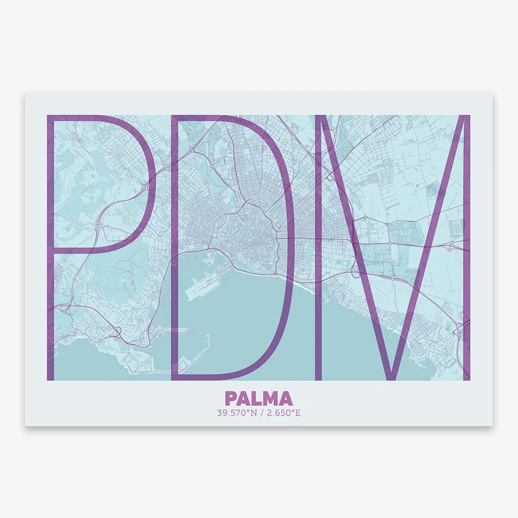 Poster of Palma composed with letters in extra light font printed on purple and light blue