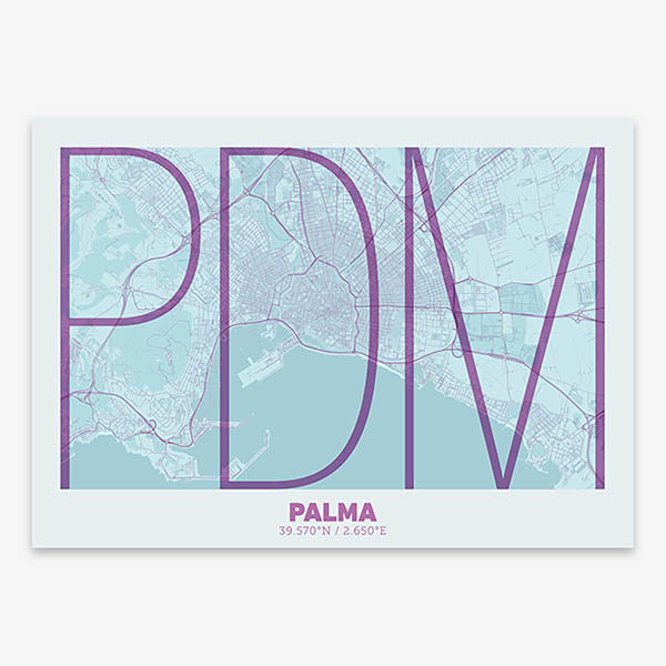 Poster of Palma composed with letters in extra light font printed on purple and light blue