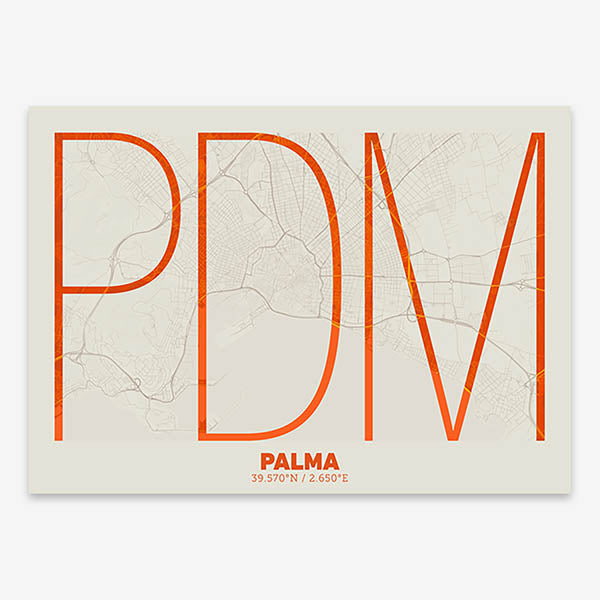 Poster of Palma composed with letters in extra light font printed on orange and an off-white background