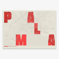Decorative print of Palma with letters of its name placed randomly, designed in red and an off-white background