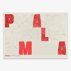 Decorative print of Palma with letters of its name placed randomly, designed in red and an off-white background