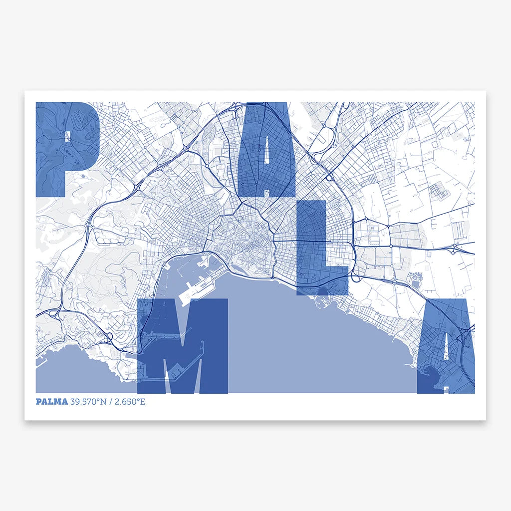 Decorative print of Palma with letters of its name placed randomly, designed in navy blue and white