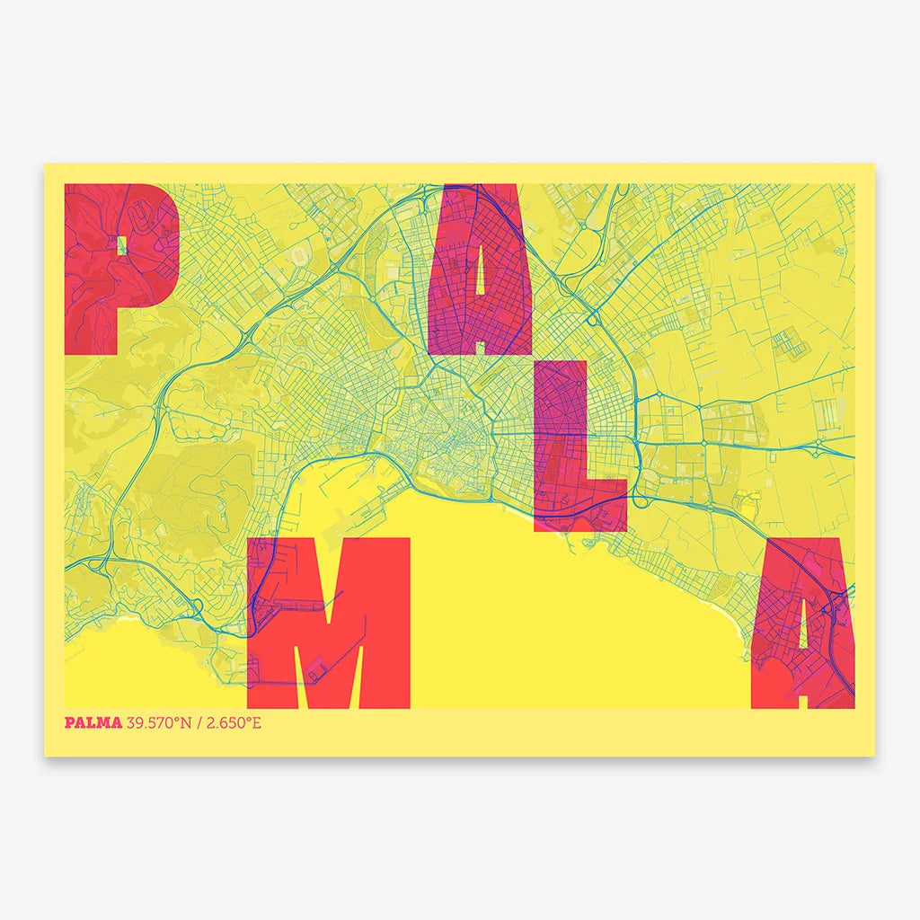Decorative print of Palma with letters of its name placed randomly, designed in yellow and fuchsia