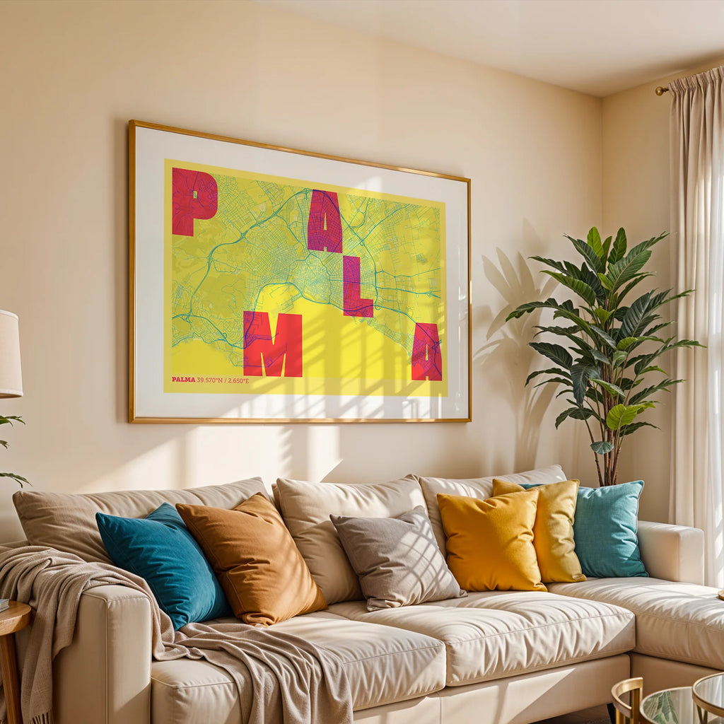 Modern interior design with a Palma in Unruled design, where the city name letters appear randomly across different lines for a truly original urban layout designed in yellow and fuchsia, displayed on a living room wall