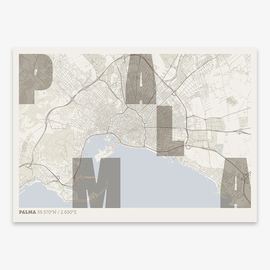 Decorative print of Palma with letters of its name placed randomly, designed in light brown and an off-white background