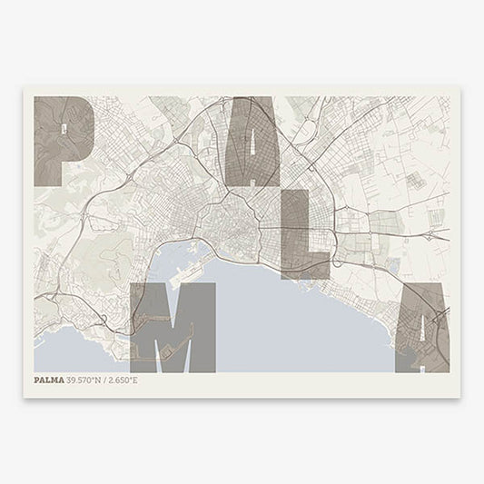 Decorative print of Palma with letters of its name placed randomly, designed in light brown and an off-white background