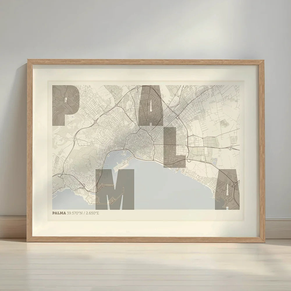 Framed Palma in Unruled design, where the city name letters appear randomly across different lines for a truly original urban layout designed in light brown and an off-white background with a white margin border in a warm lit minimalist setting