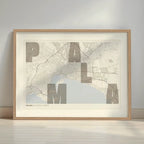 Framed Palma in Unruled design, where the city name letters appear randomly across different lines for a truly original urban layout designed in light brown and an off-white background with a white margin border in a warm lit minimalist setting