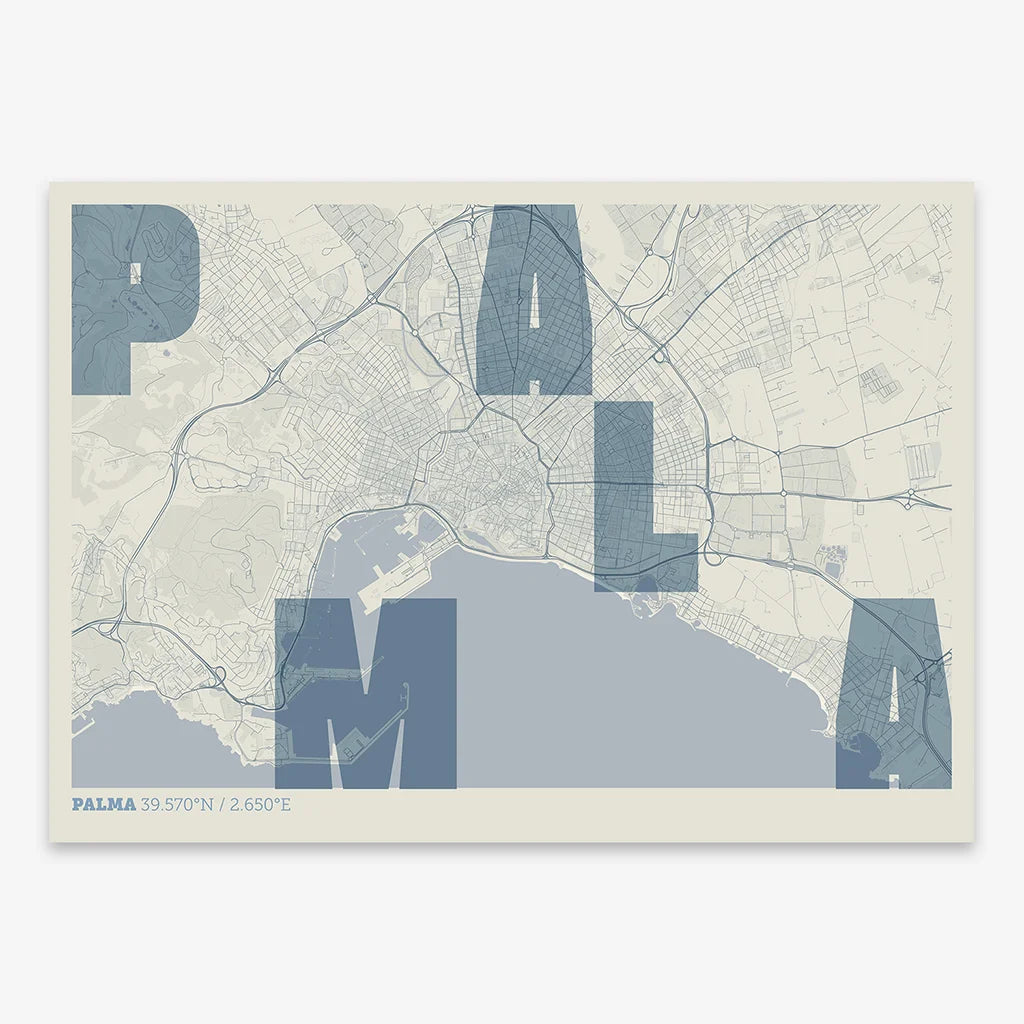 Decorative print of Palma with letters of its name placed randomly, designed in bluish gray and an off-white background