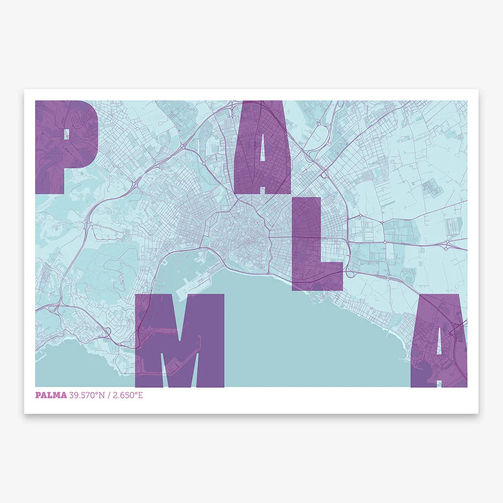 Decorative print of Palma with letters of its name placed randomly, designed in purple and light blue