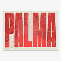 Decorative map of Palma and letters of its name in a giclée print designed in red and an off-white background