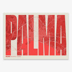 Decorative map of Palma and letters of its name in a giclée print designed in red and an off-white background