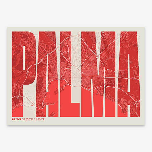 Decorative map of Palma and letters of its name in a giclée print designed in red and an off-white background