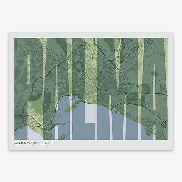 Decorative map of Palma and letters of its name in a giclée print designed in two green tones