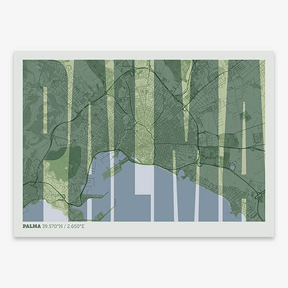 Decorative map of Palma and letters of its name in a giclée print designed in two green tones
