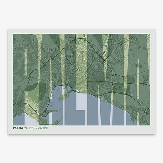Decorative map of Palma and letters of its name in a giclée print designed in two green tones