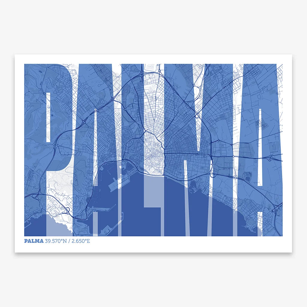 Decorative map of Palma and letters of its name in a giclée print designed in navy blue and white
