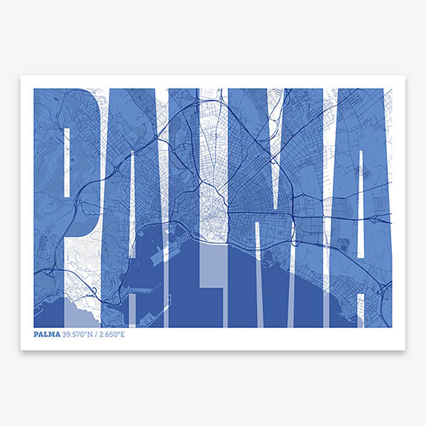 Decorative map of Palma and letters of its name in a giclée print designed in navy blue and white