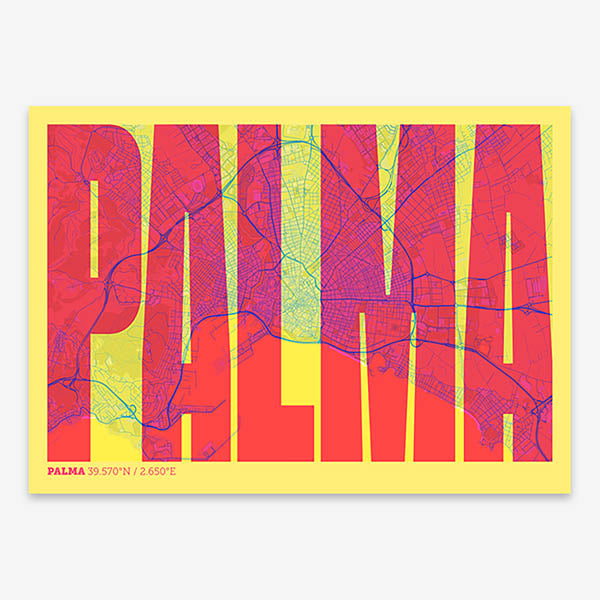Decorative map of Palma and letters of its name in a giclée print designed in yellow and fuchsia