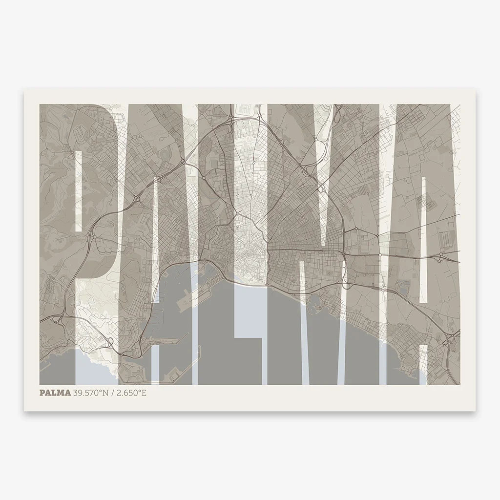 Decorative map of Palma and letters of its name in a giclée print designed in light brown and an off-white background