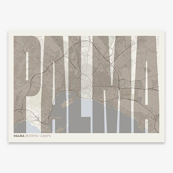 Decorative map of Palma and letters of its name in a giclée print designed in light brown and an off-white background