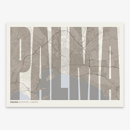 Decorative map of Palma and letters of its name in a giclée print designed in light brown and an off-white background