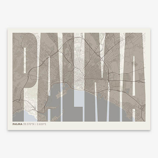 Decorative map of Palma and letters of its name in a giclée print designed in light brown and an off-white background