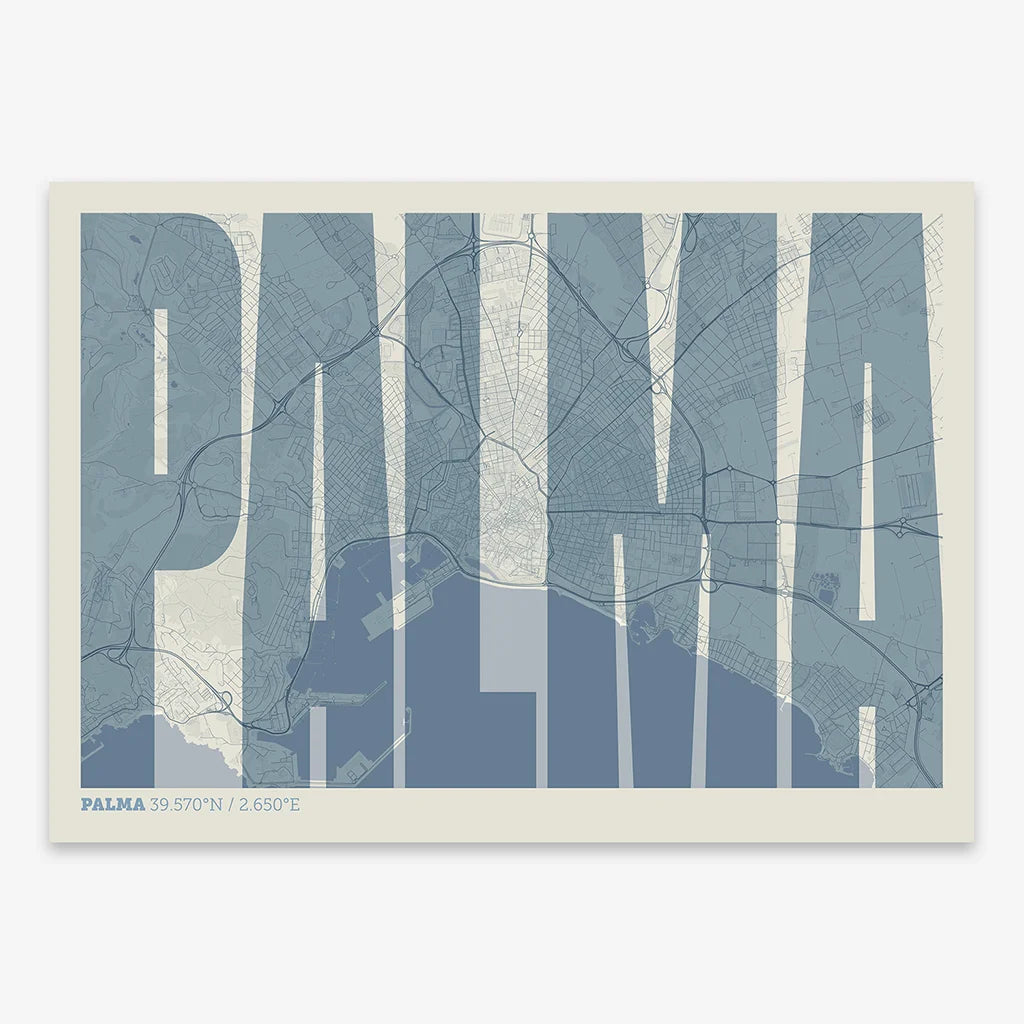 Decorative map of Palma and letters of its name in a giclée print designed in bluish gray and an off-white background
