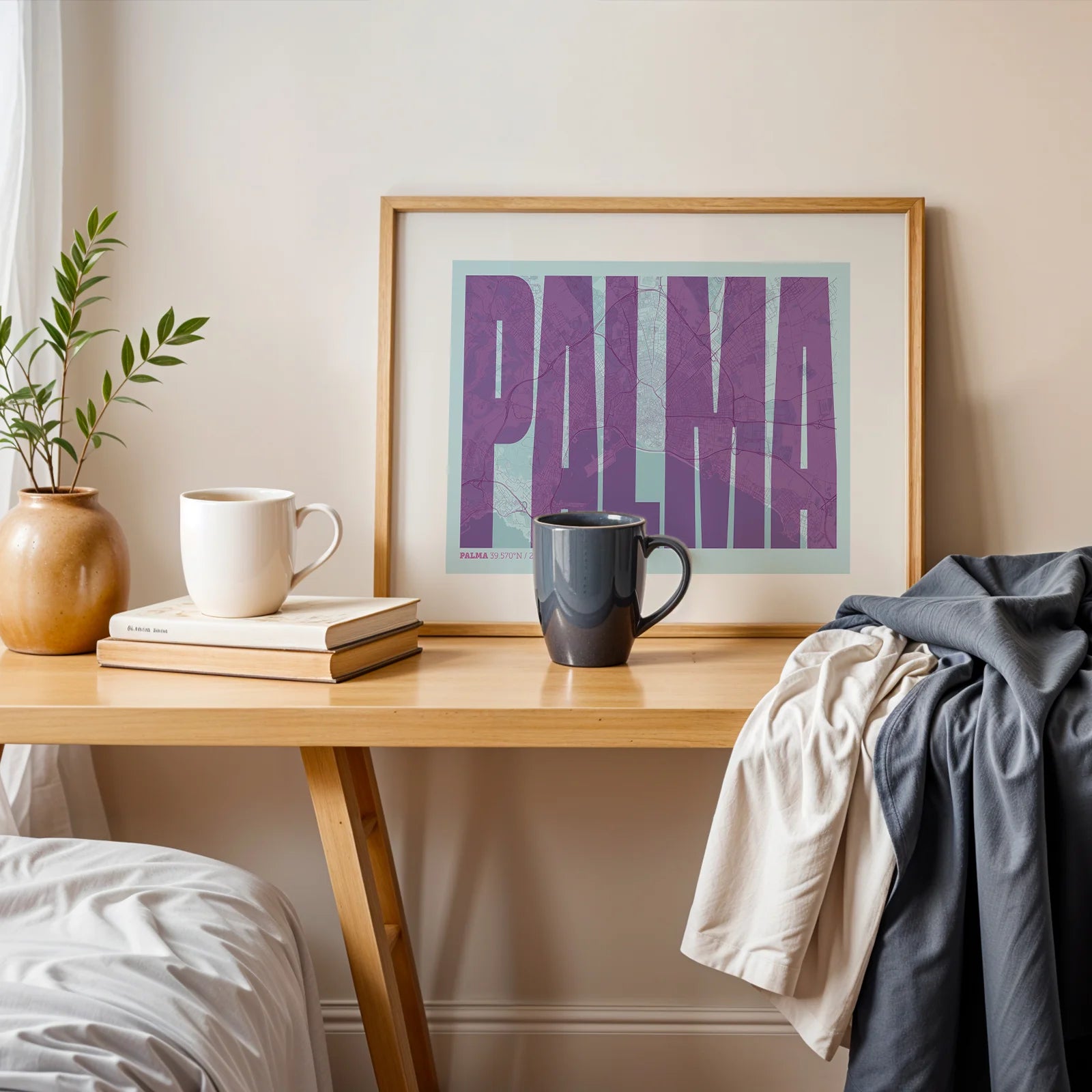 Modern interior design with a Palma in Extra Compressed design, where the letters are tightly squeezed to fit the city's map shape designed in purple and light blue, displayed on a living room wall
