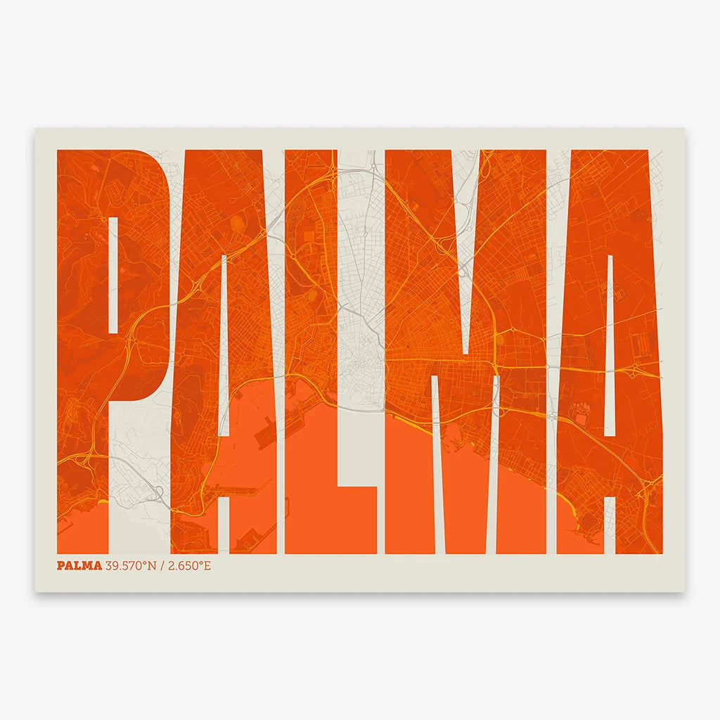 Decorative map of Palma and letters of its name in a giclée print designed in orange and an off-white background
