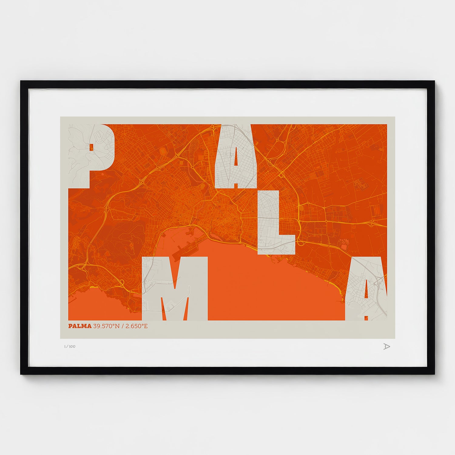 Lámina tipográfica de Palma – diseño Revoltosa, marco negro