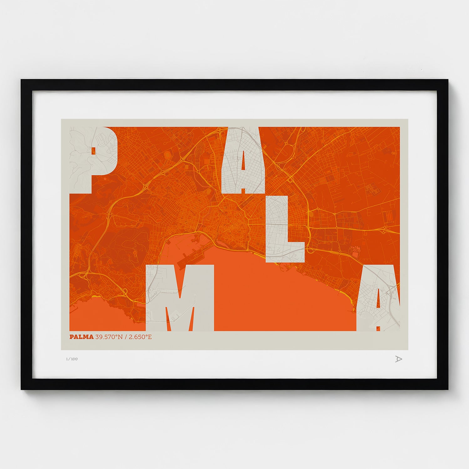 Lámina tipográfica de Palma – diseño Revoltosa, marco negro