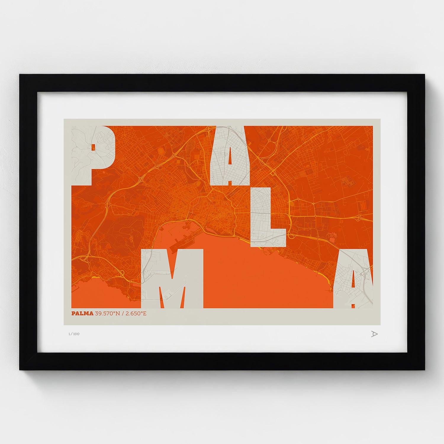 Lámina tipográfica de Palma – diseño Revoltosa, marco negro