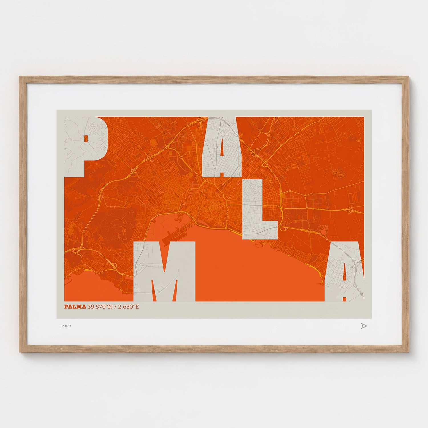 Lámina tipográfica de Palma – diseño Revoltosa, marco de madera natural