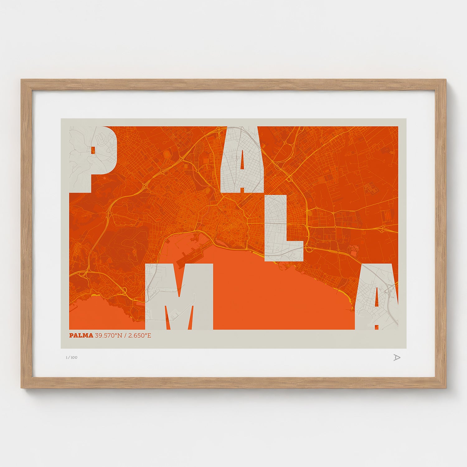 Lámina tipográfica de Palma – diseño Revoltosa, marco de madera natural