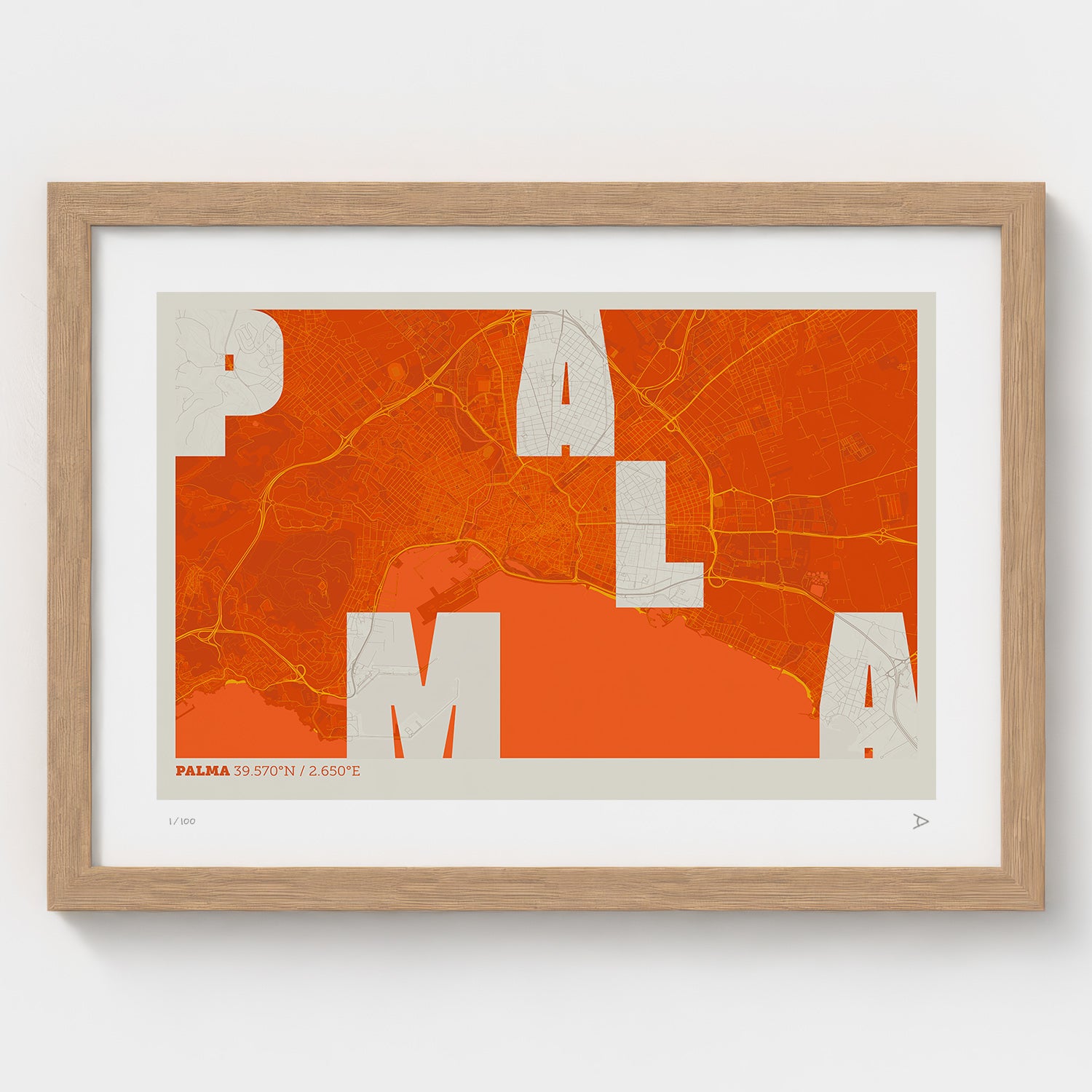 Lámina tipográfica de Palma – diseño Revoltosa, marco de madera natural