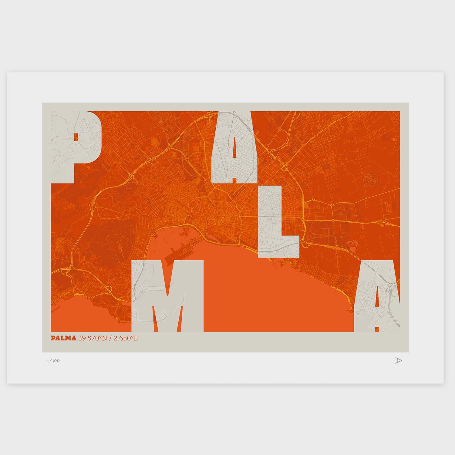 Lámina tipográfica de Palma – diseño Revoltosa, sin marco sobre papel