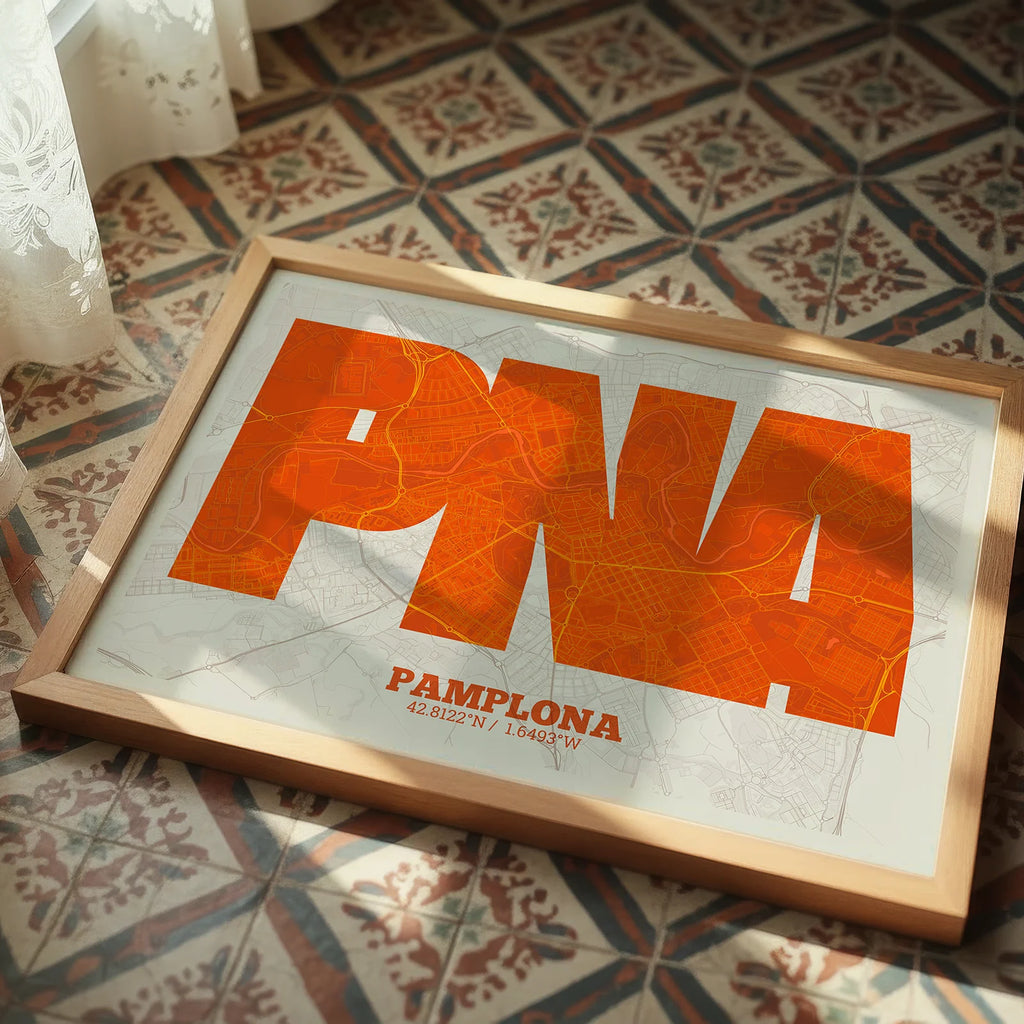 Modern interior design with a Pamplona in Super Bold design, a typographic poster where the city map is overlaid with extra-thick lettering for a modern, high-impact look designed in orange and an off-white background, displayed on a living room wall